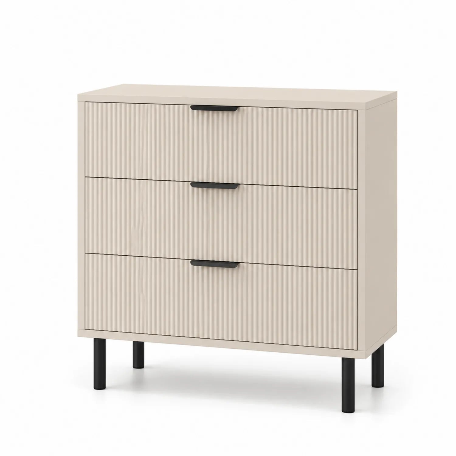 Cassettiera in MDF a 3 cassetti con gambe metalliche, Beige e Nero