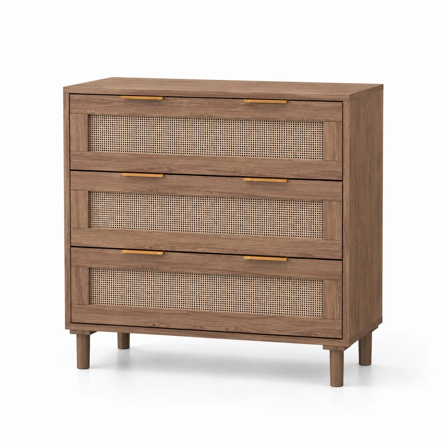 Cassettiera in legno con frontale in rattan a 3 cassetti