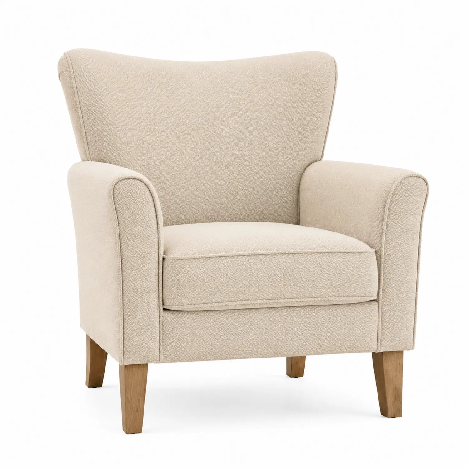 Poltrona in tessuto beige con gambe in legno