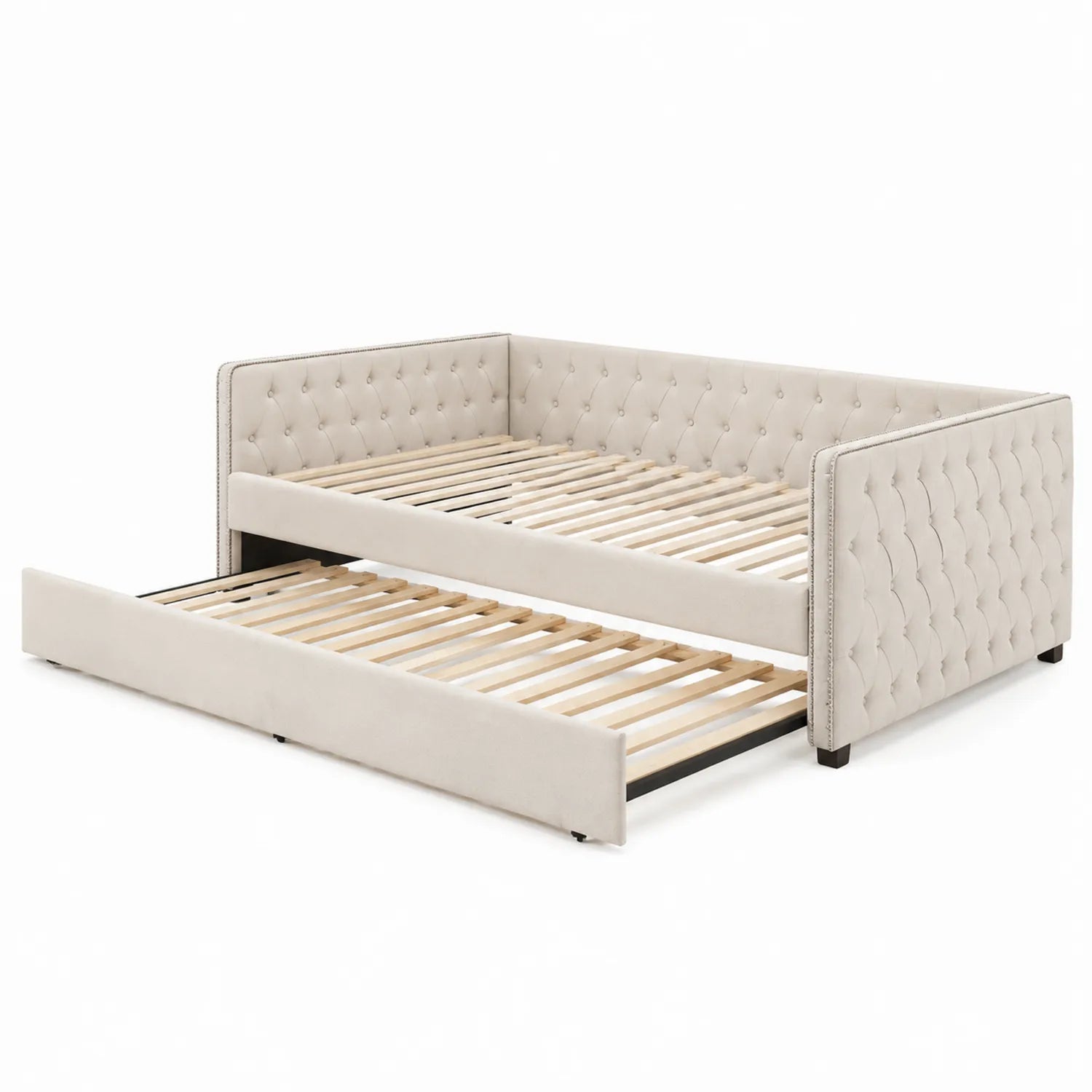Letto Divano Estendibile con Struttura in Legno e Rivestimento in Tessuto Beige