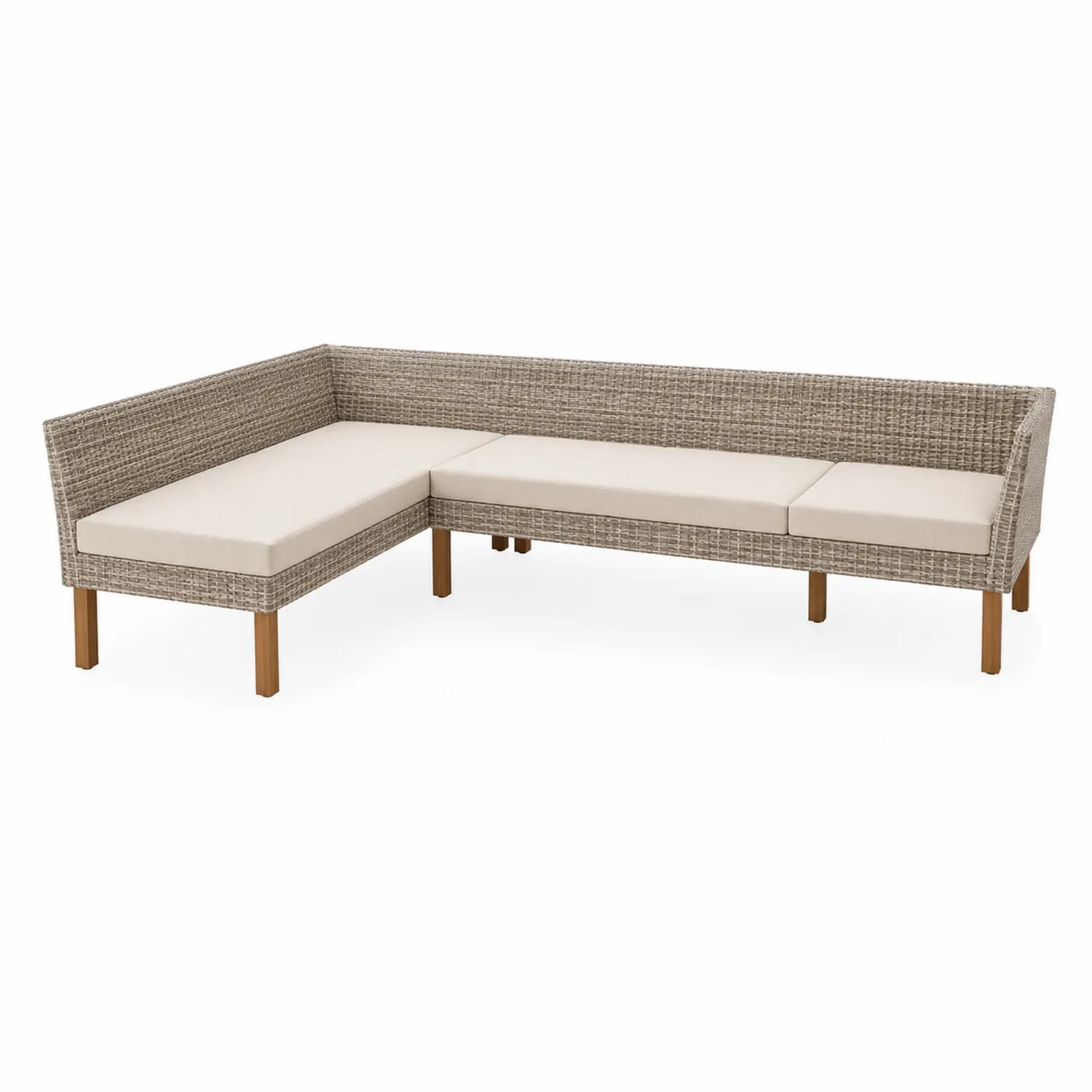 Divano angolare da esterno in rattan con cuscini crema