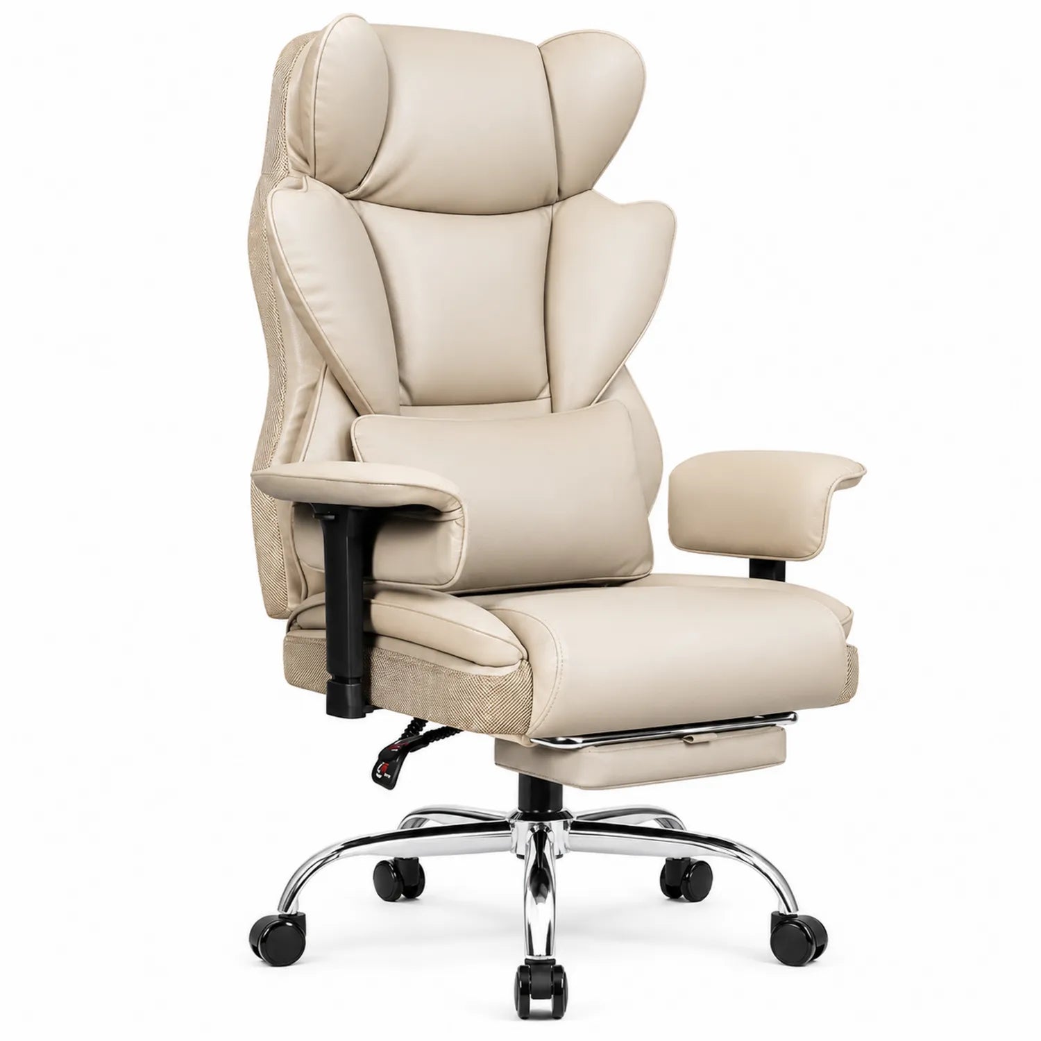 Sedia da ufficio in pelle sintetica beige con poggiapiedi