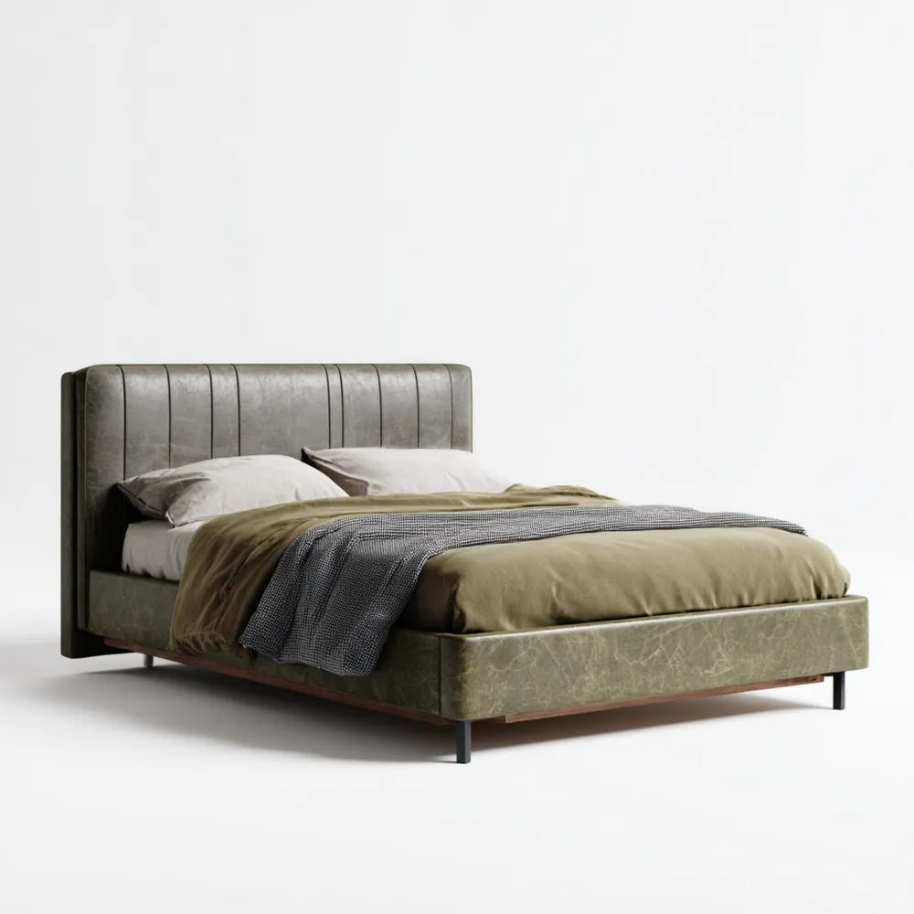 Modern Double Bed Faux Leather Upholstery 160x200x100 cm - Olive Green