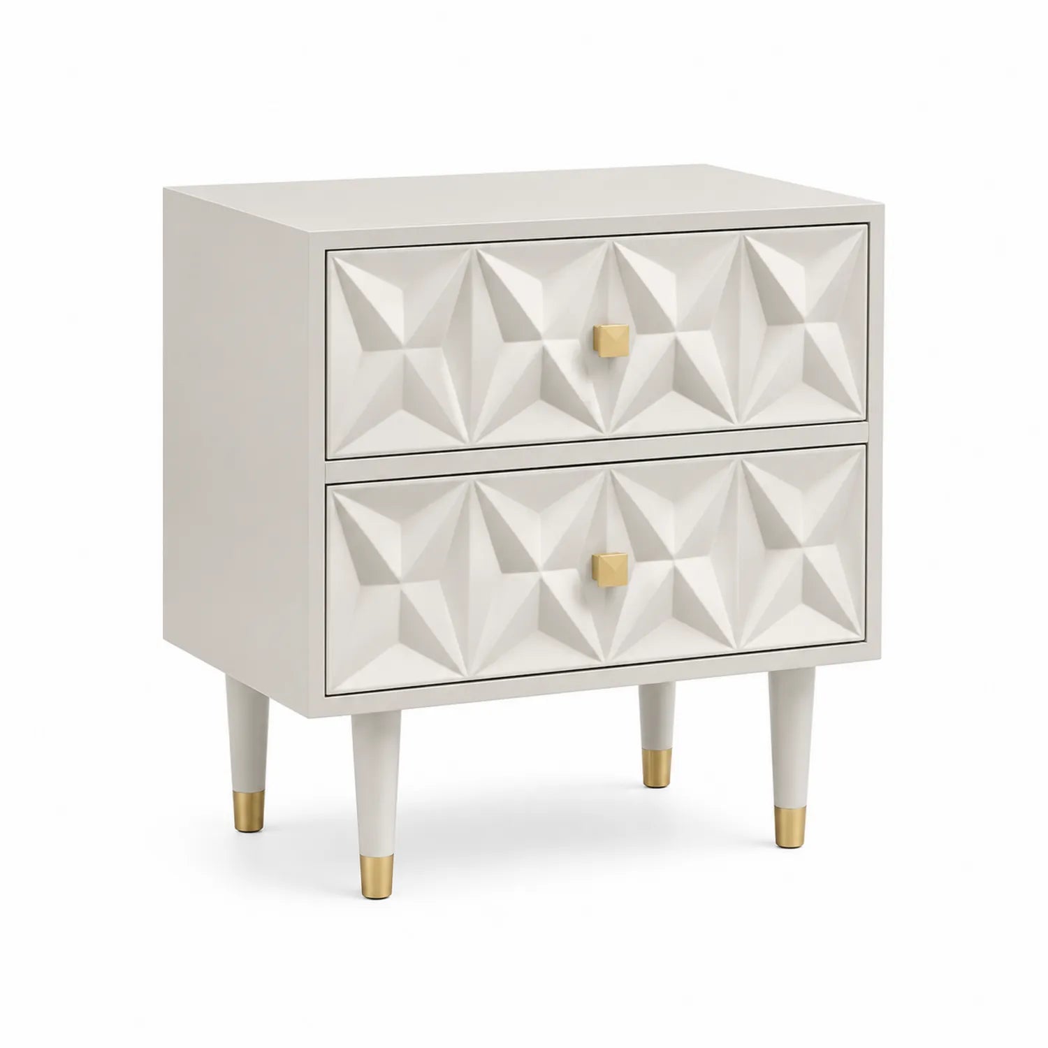 Comodino in Legno Bianco e Oro a Due Cassetti