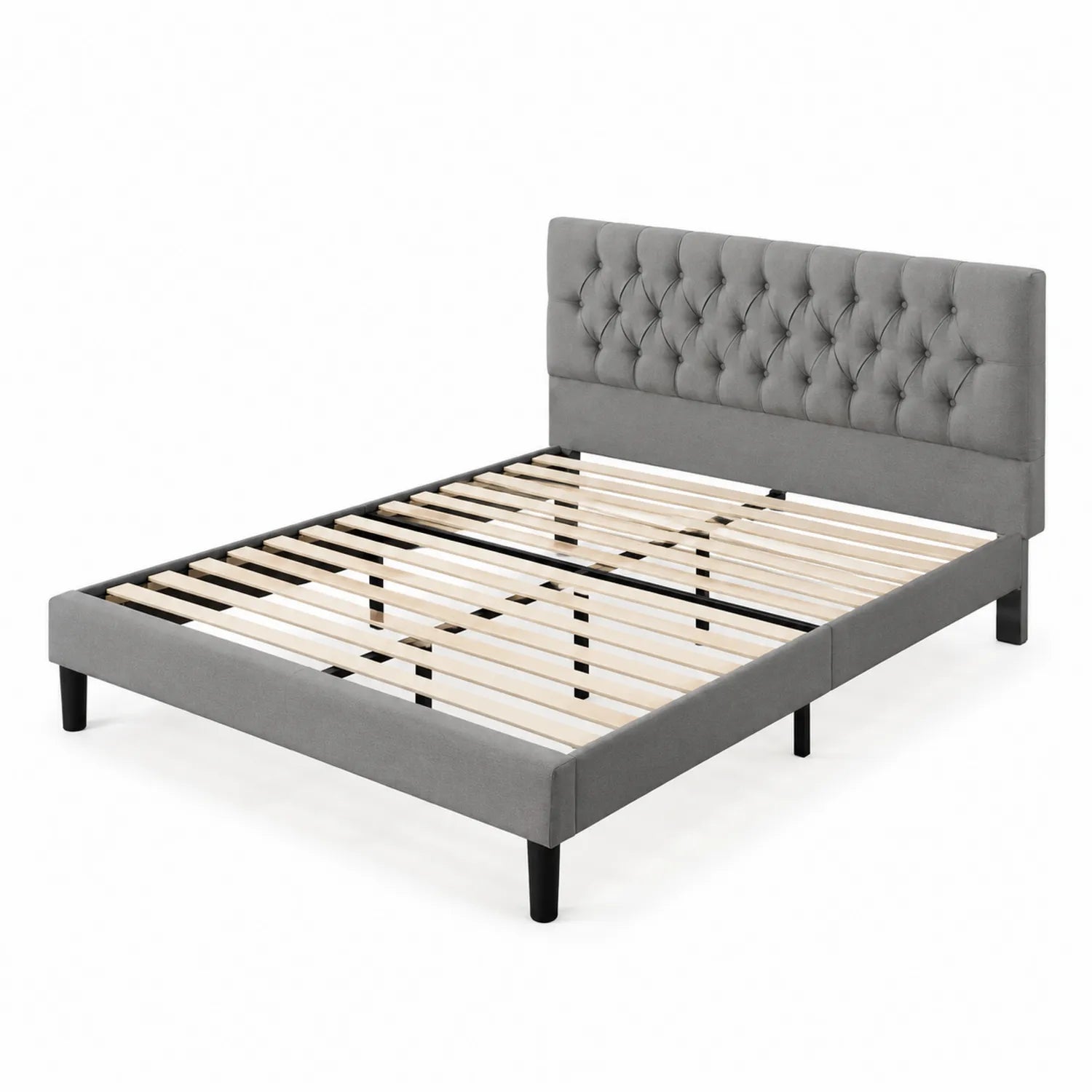 Letto Matrimoniale con Testiera Imbottita in Tessuto Grigio