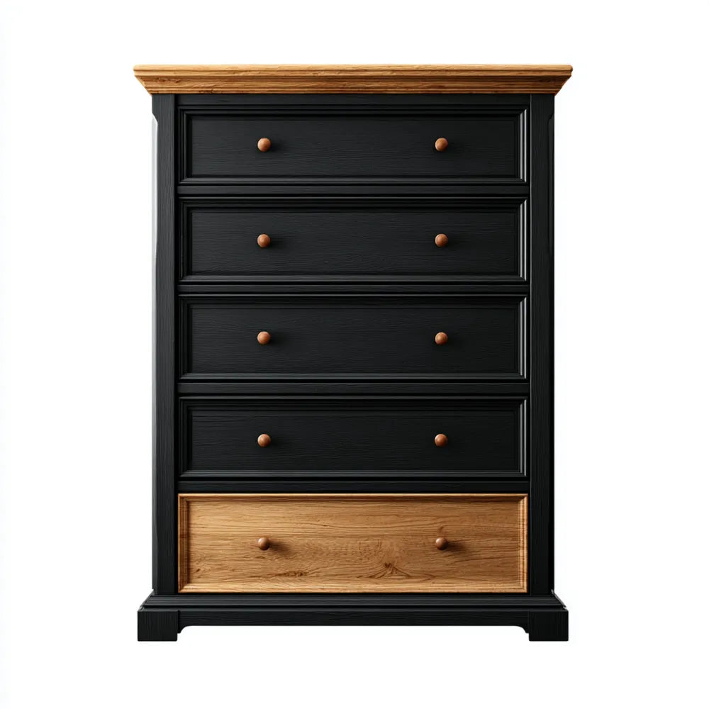 Chest of Drawers Solid Wood 5-Drawer 90x40x120 cm - Black/Natural Wood - Classic Design