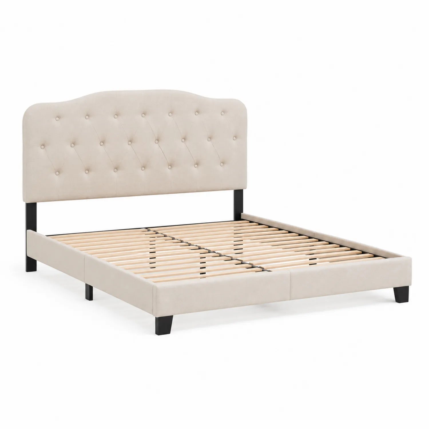 Letto Matrimoniale con Testiera Imbottita in Tessuto Poliestere Beige
