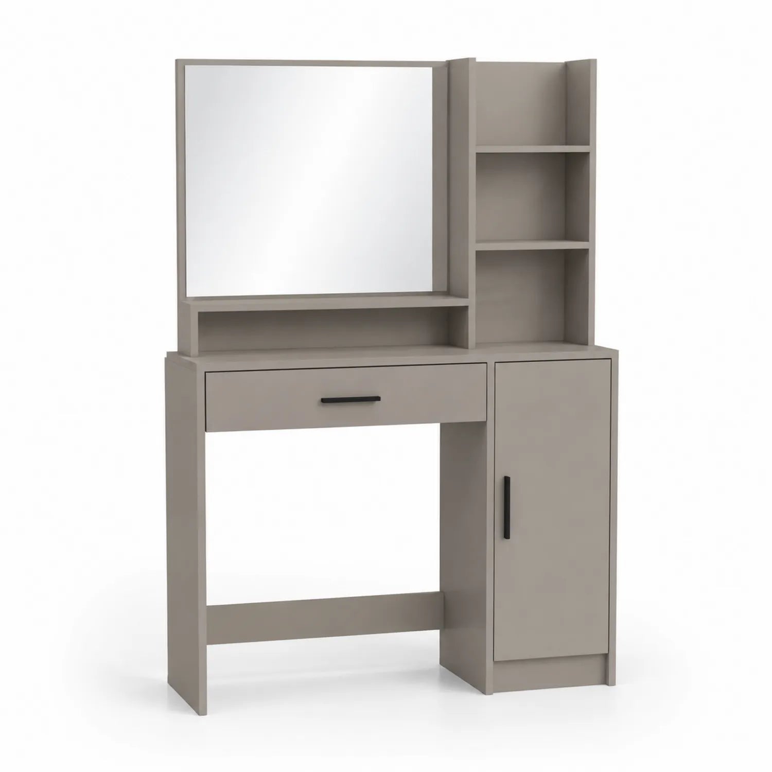 Tavolino da trucco in legno con specchio e scaffali