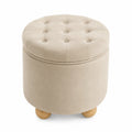 Pouf Rotondo con Contenitore in Microfibra e Gambe in Legno Beige