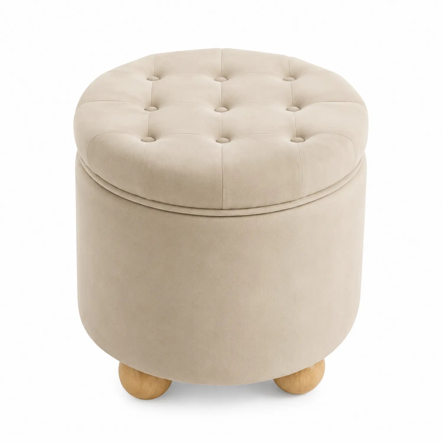 Pouf Rotondo con Contenitore in Microfibra e Gambe in Legno Beige