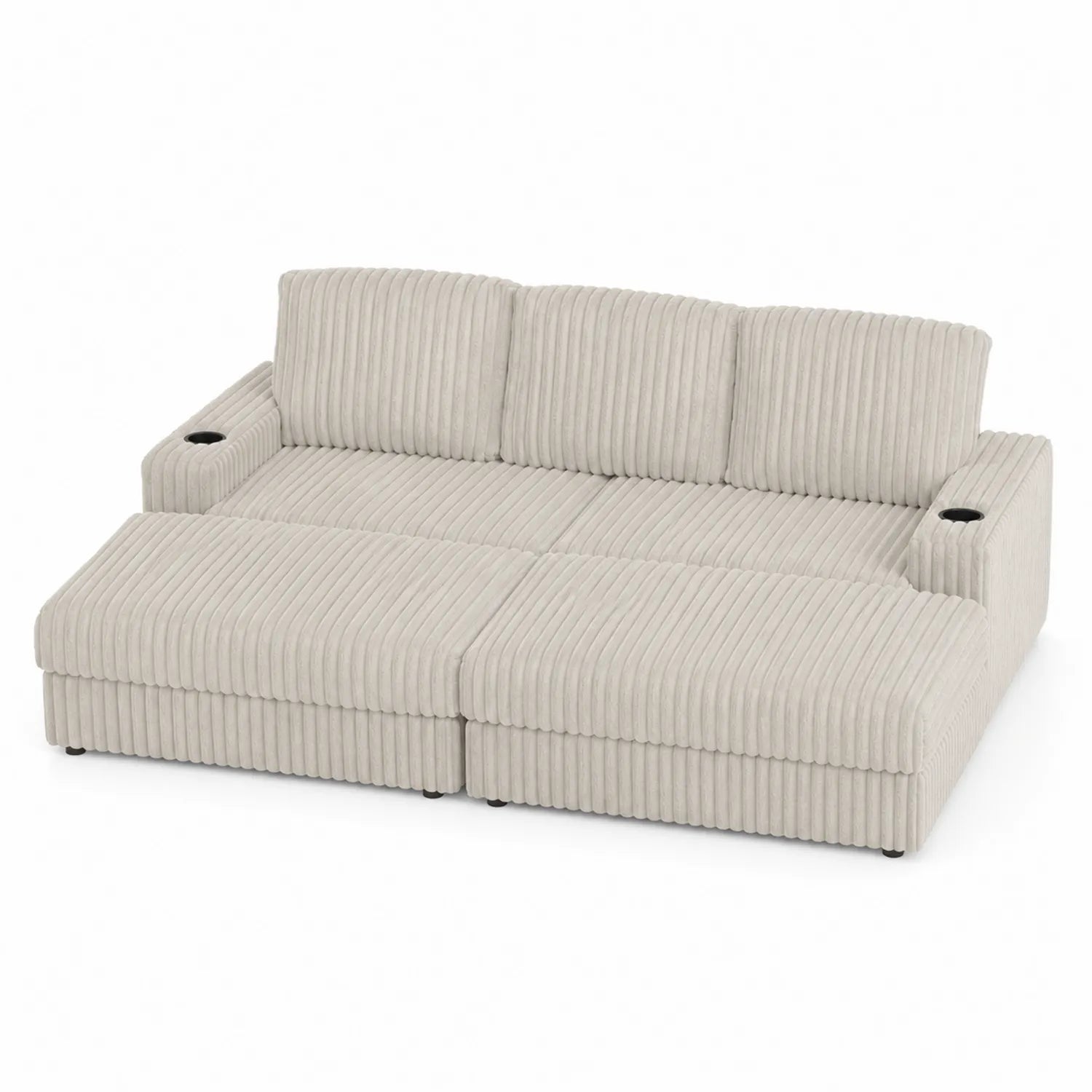 Divano modulare a 3 posti con chaise longue in velluto beige