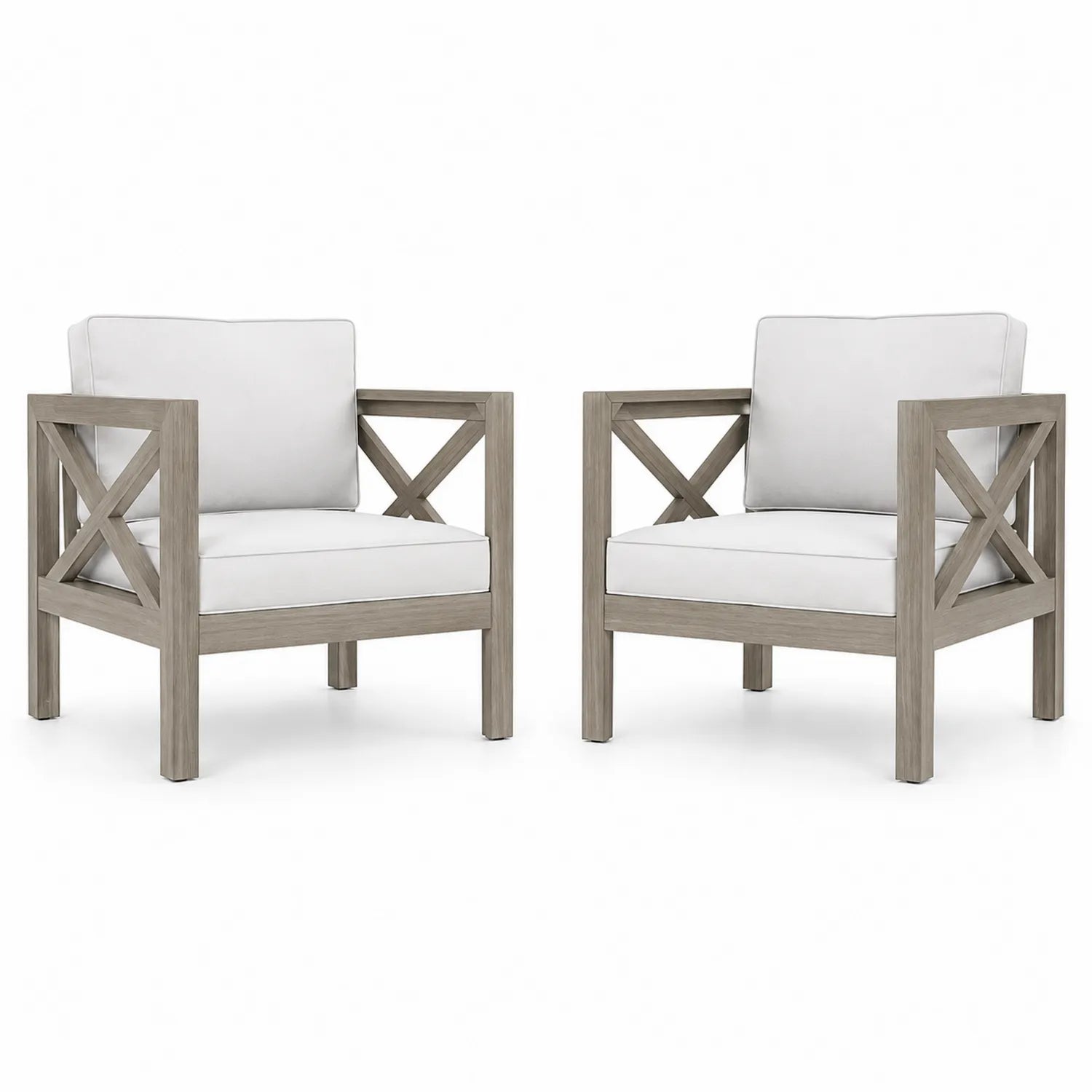 Set di 2 Poltrone in Legno con Cuscini Bianchi