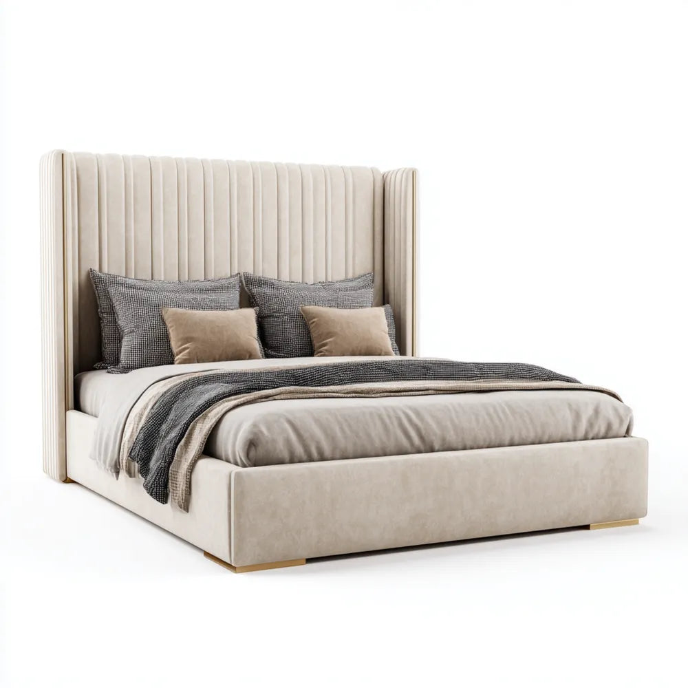 Double Bed Velvet Upholstered 200x160x120 cm – Beige – Modern Design