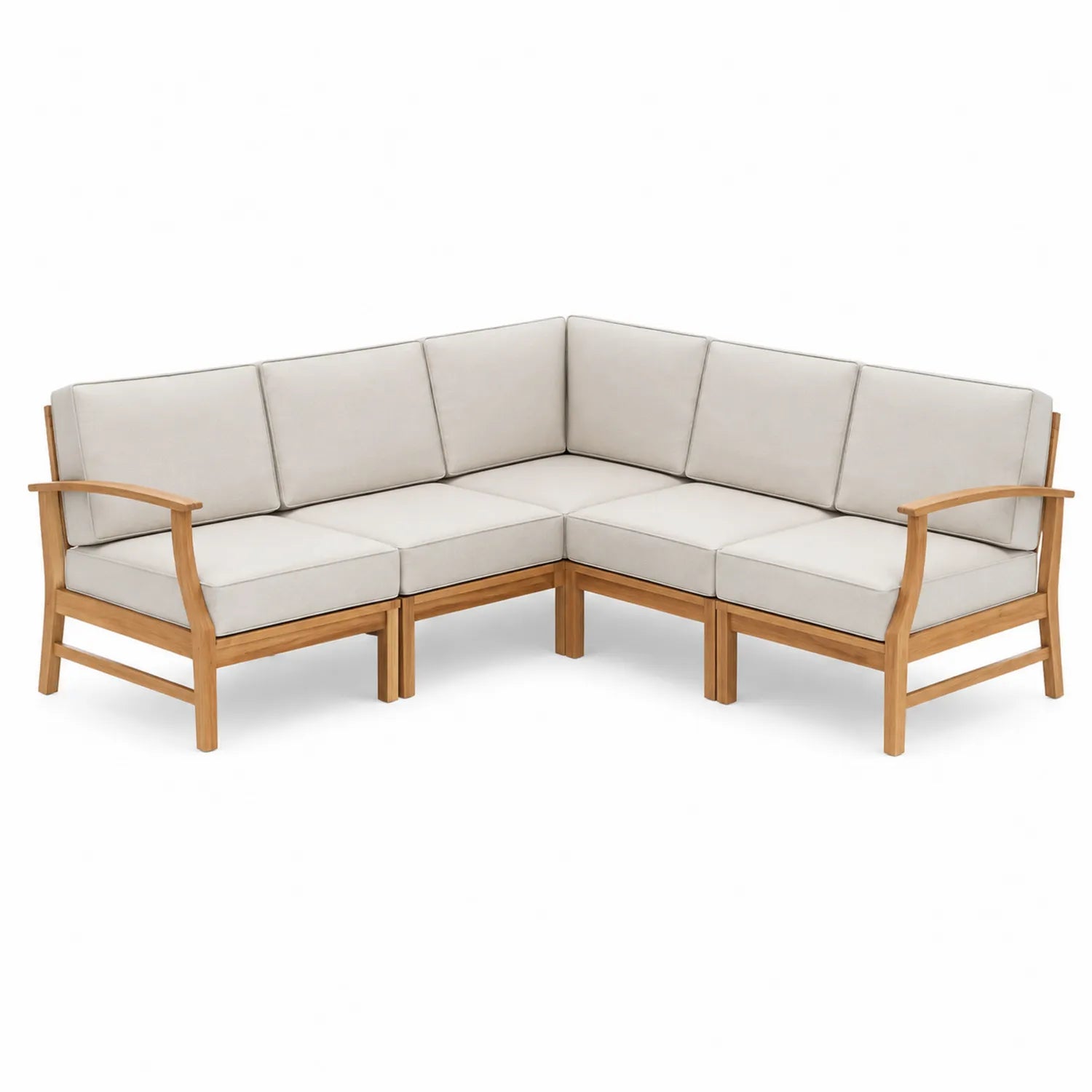 Divano angolare in legno di teak con cuscini in poliestere beige