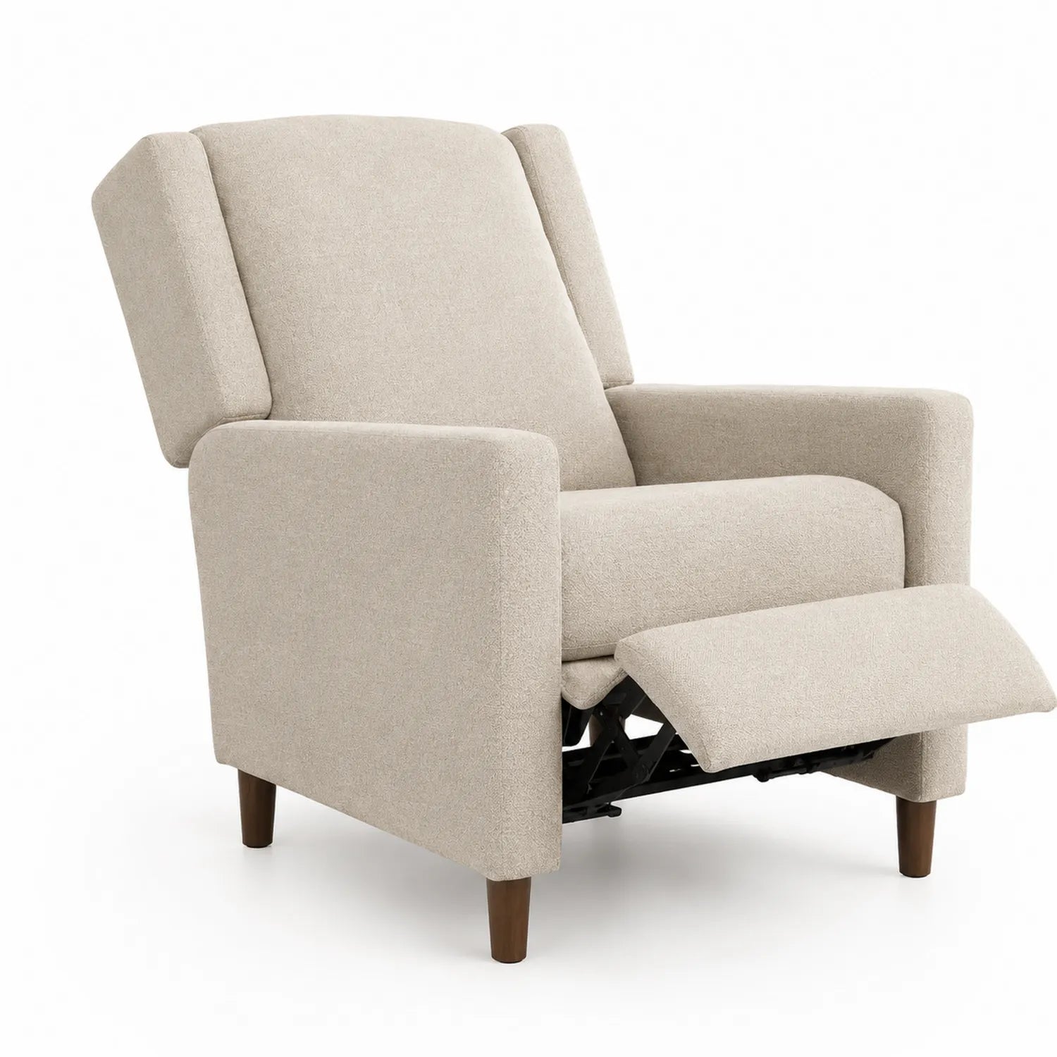 Poltrona reclinabile in tessuto beige con gambe in legno