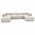 Divano ad angolo modulare in tessuto beige con struttura in legno