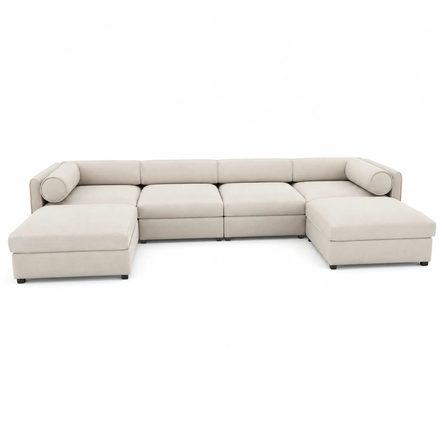 Divano ad angolo modulare in tessuto beige con struttura in legno