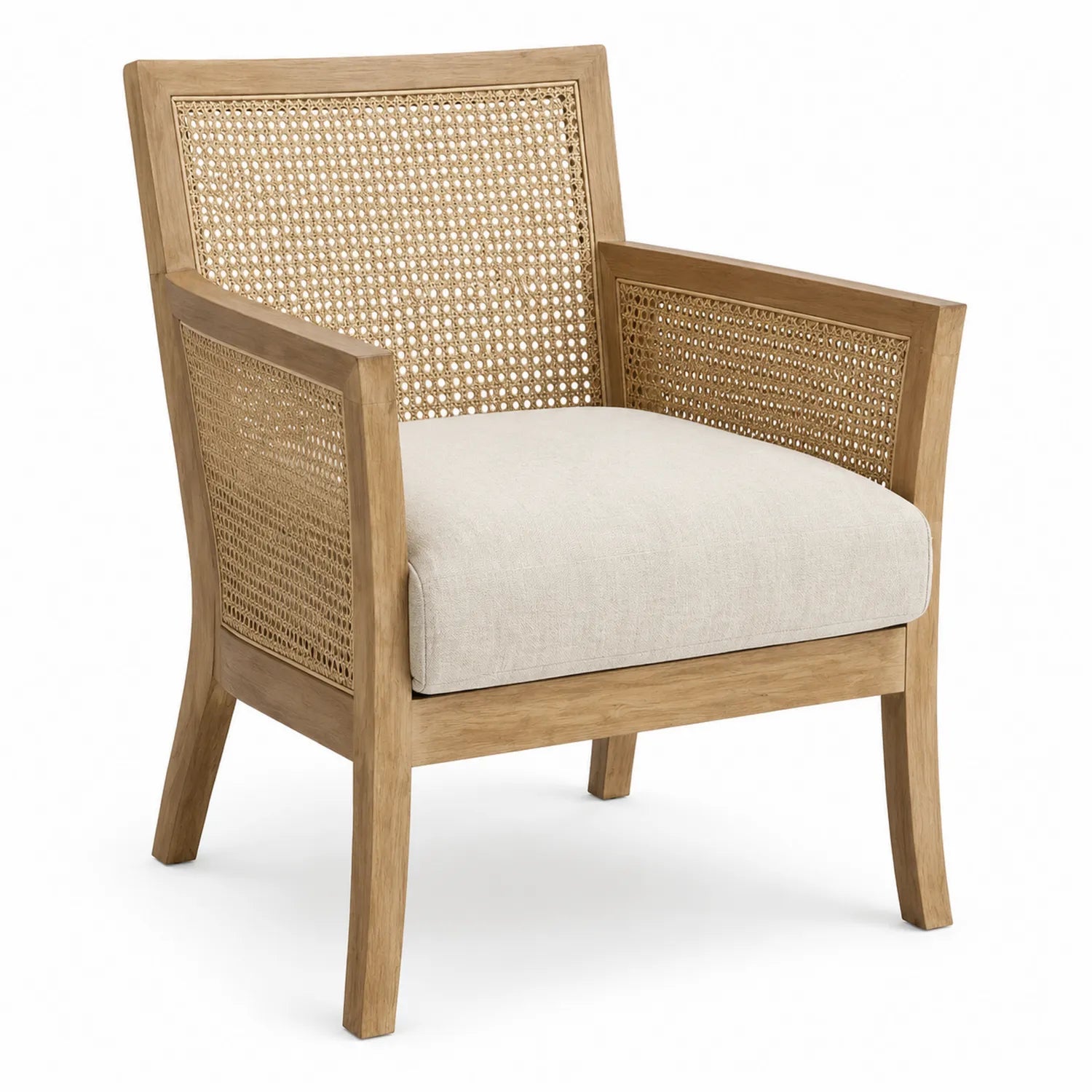 Poltrona in Legno di Rovere e Rattan con Seduta in Lino Crema