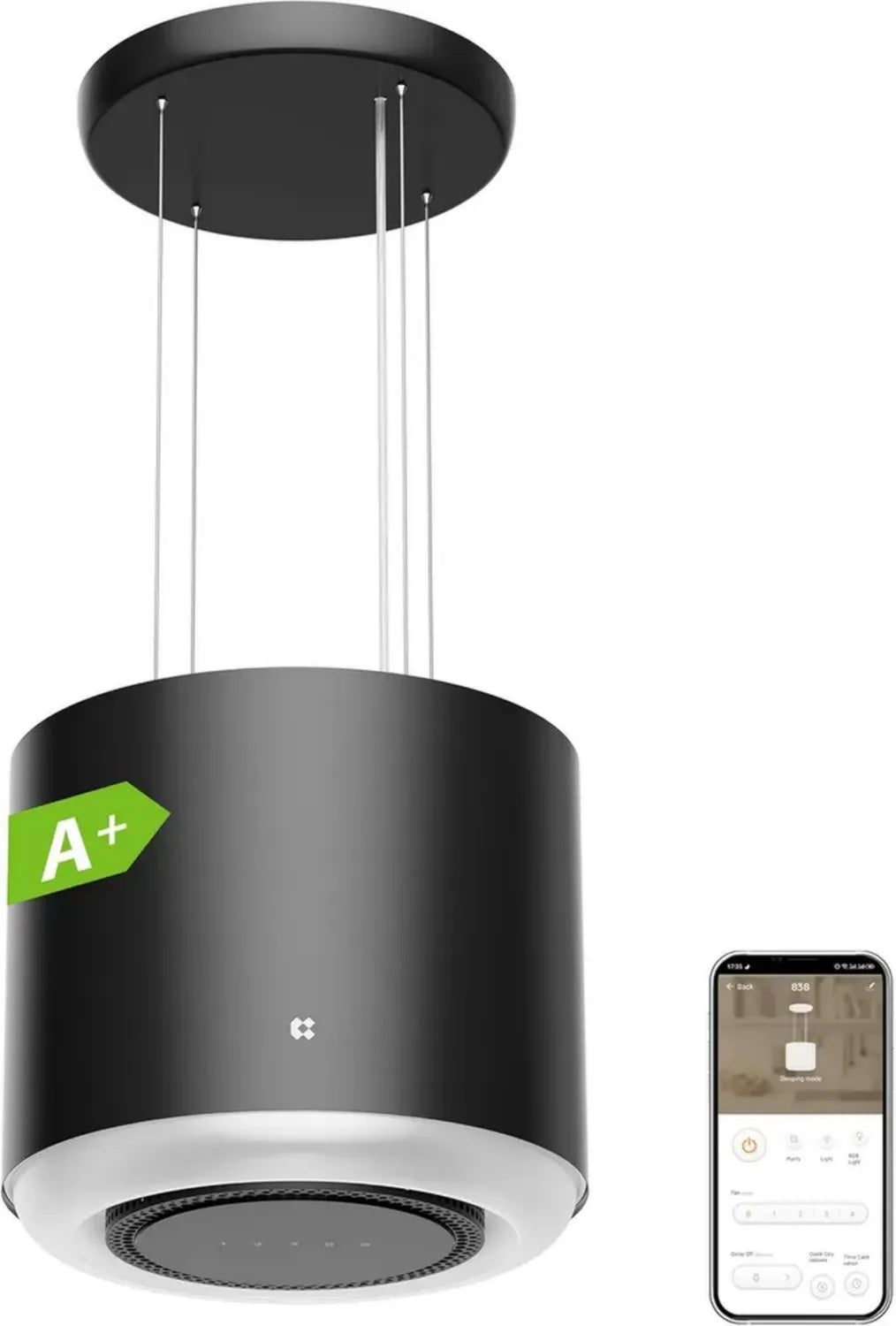 Cappa Isola Ciarra 48cm 550m³/h con App Smart Wi-Fi, Boost 4 Livelli, Nero