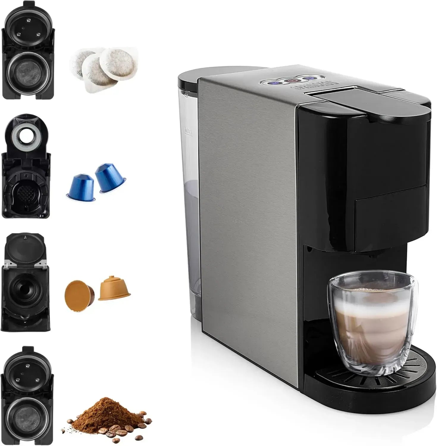 Macchina da Caffè Multifunzione Compatibile con Capsule Nespresso e Dolce Gusto, 19 bar, 800 ml, Nero/Argento