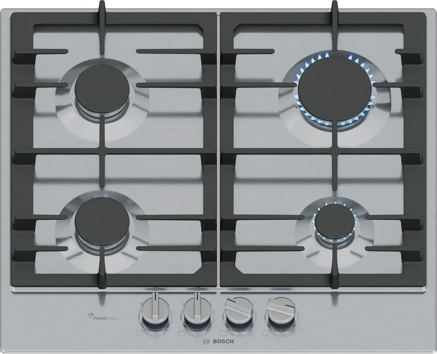 Bosch Serie 6 Piano cottura a gas 60cm, FlameSelect, griglie in ghisa, Manopole removibili, Inox