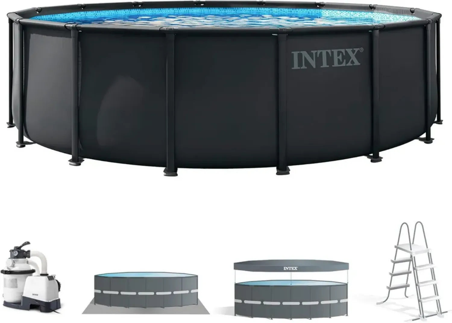Intex Piscina Fuori Terra Rotonda Ultra XTR con Pompa Filtro, Scaletta e Copertura, 488x122 cm, Grigio