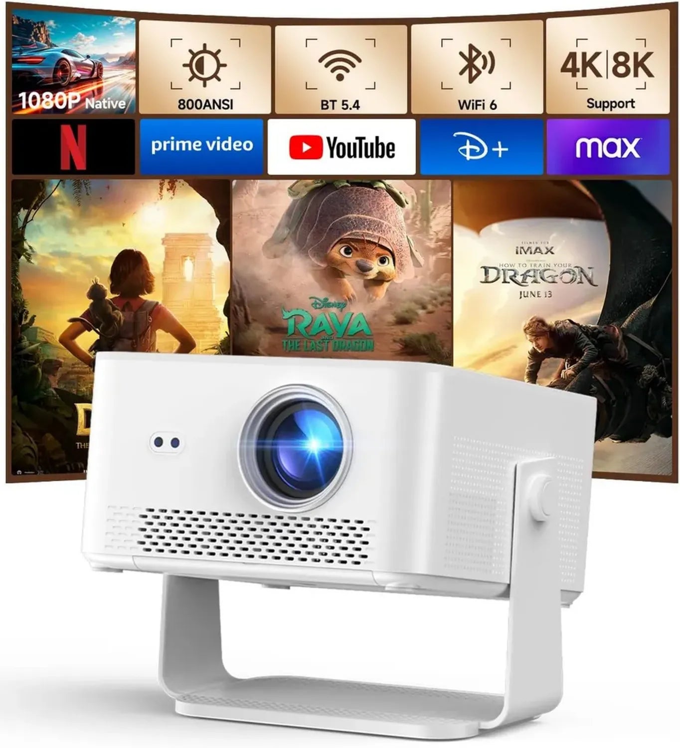 Proiettore Portatile 4K 8K con Android 14, 800 ANSI Lumen, WiFi 6 e Bluetooth 5.4
