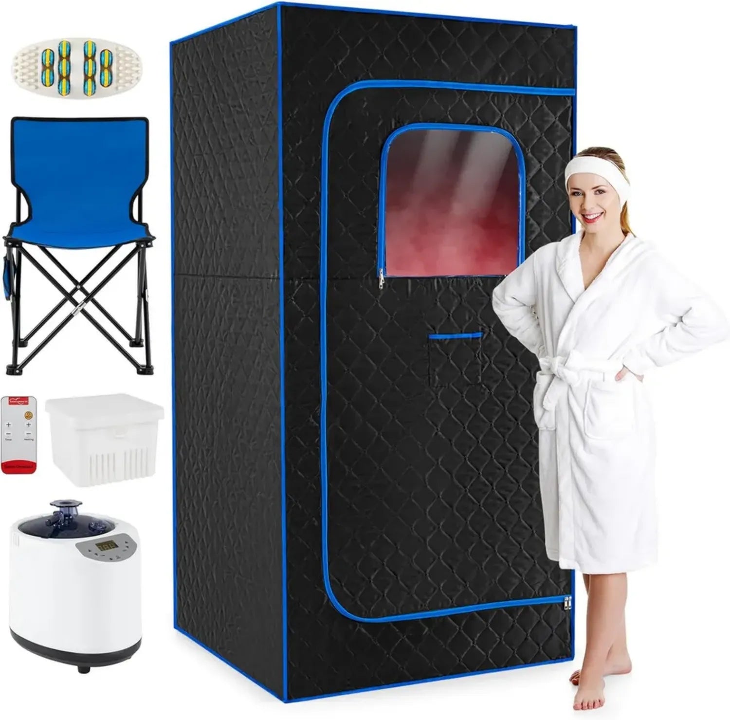 Cabina Sauna Portatile a Vapore, 3L 1200W con Riscaldamento Veloce, 15 Livelli di Temperatura e Timer 99 Min, Include Sedia e Tappetino, Spa Domestica Blu