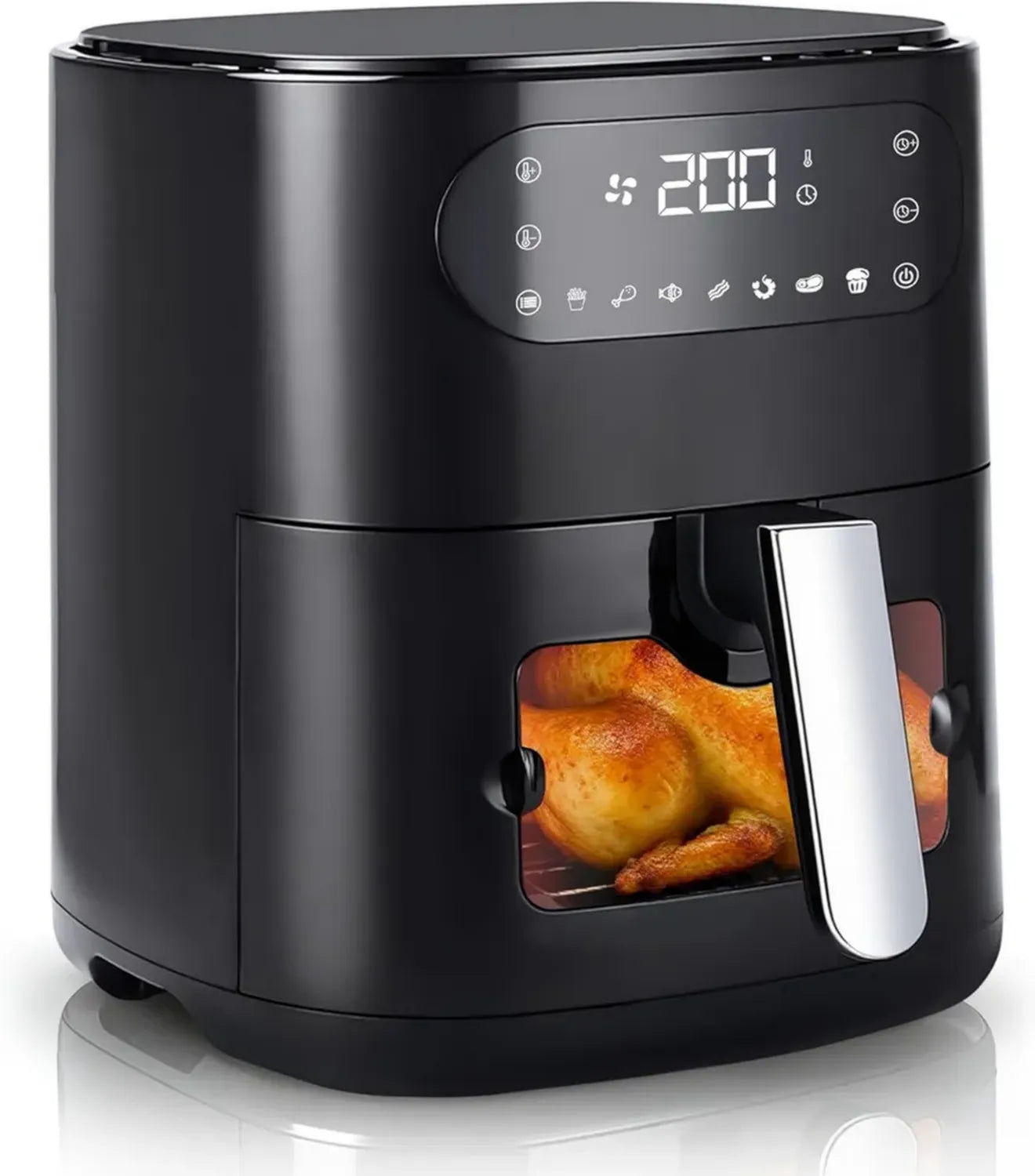 Friggitrice ad aria 6L, finestra unica, 7 programmi cottura, 11 funzioni, silenziosa e facile pulizia, con timer e touchscreen, include 10 fogli carta forno