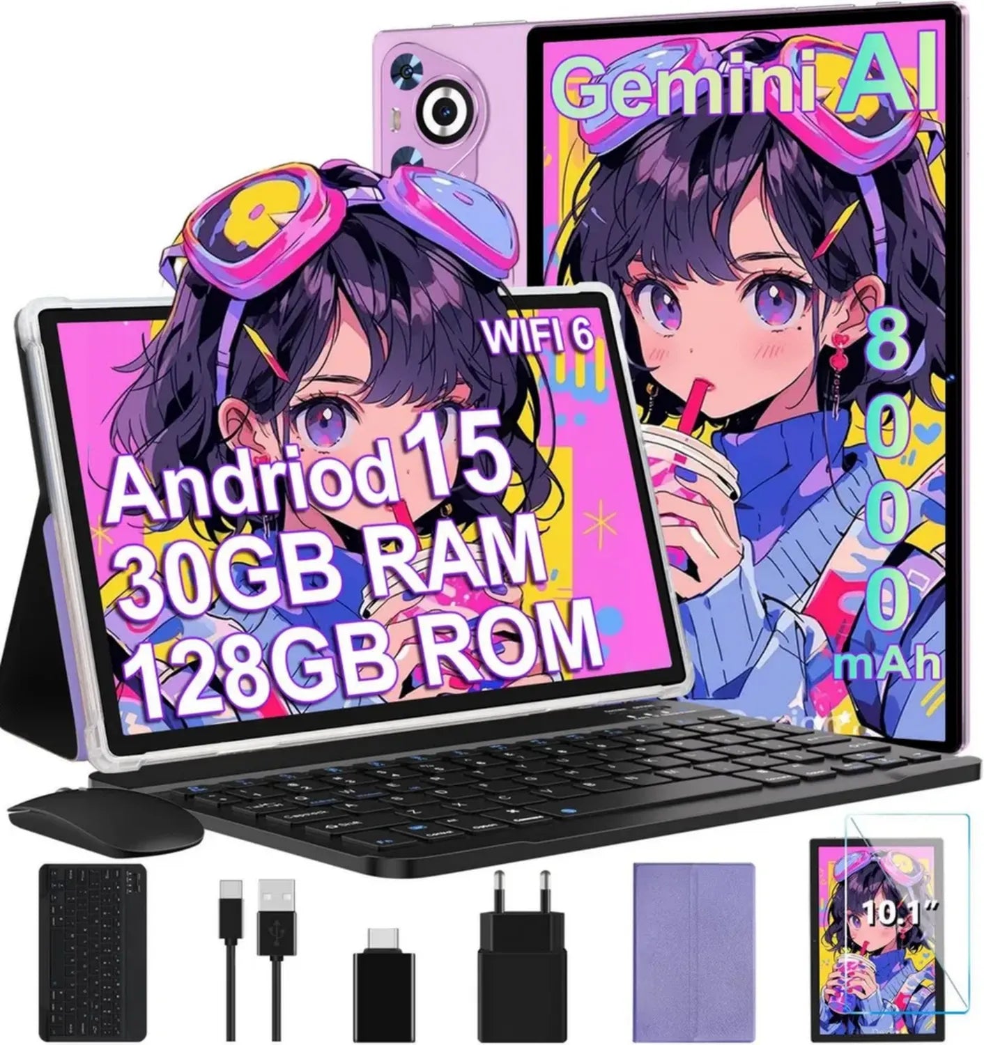 Tablet Android 15, 10 Pollici, 30GB RAM, 128GB ROM Espandibile, Batteria 8000mAh, WIFI 5G, GPS, BT5.0, OTG, Face ID, Widevine L1, Include Tastiera, Mouse e Custodia - Viola