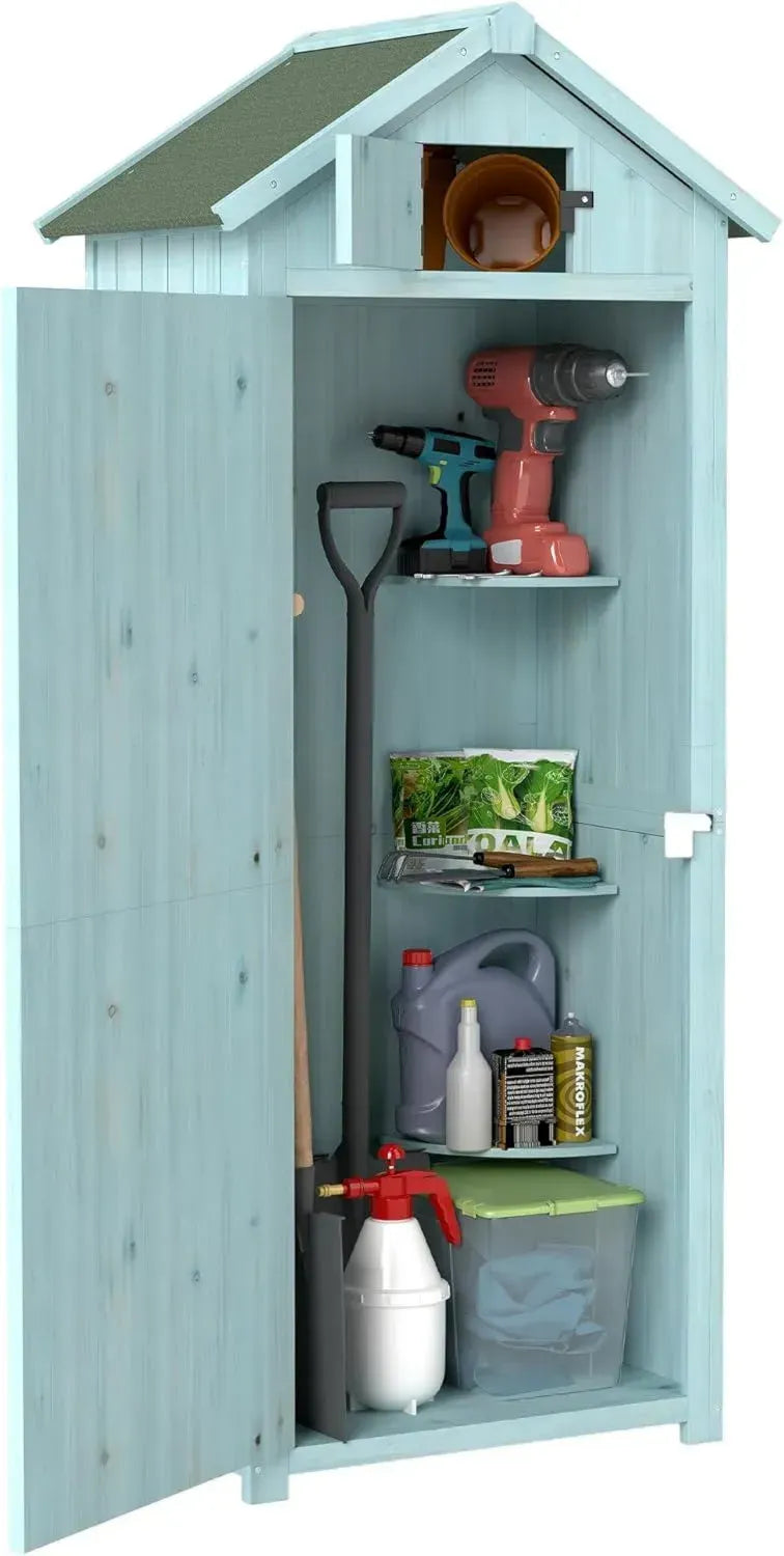 Capanno in Legno Blu con 3 Mensole Rimovibili e Tetto Impermeabile, Porta Attrezzi da Giardino 77x54.2x179cm