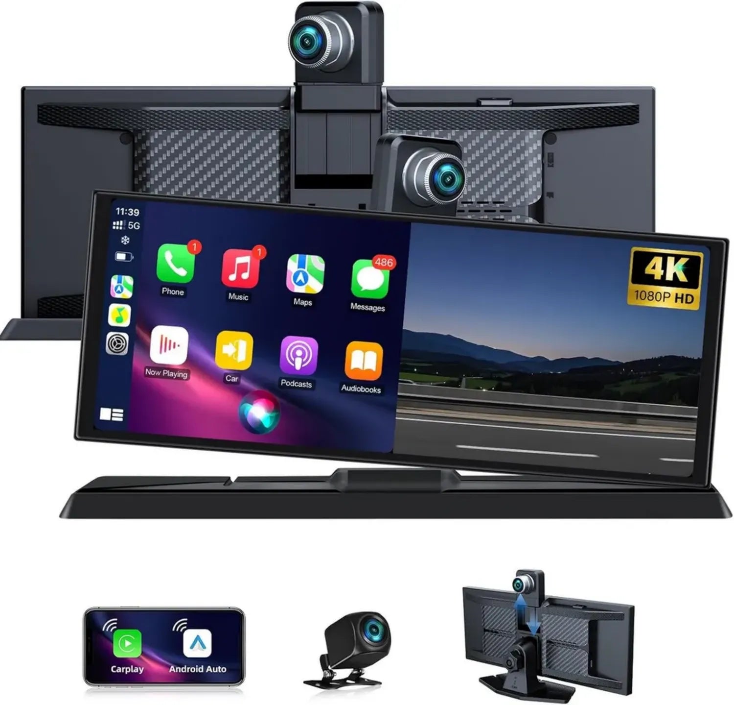 Schermo Auto 11,3 Pollici con Carplay e Android Auto, Dashcam 4K Wireless, Bluetooth Duale, Supporto Rotante 350°, Navigazione e 64G TF Card