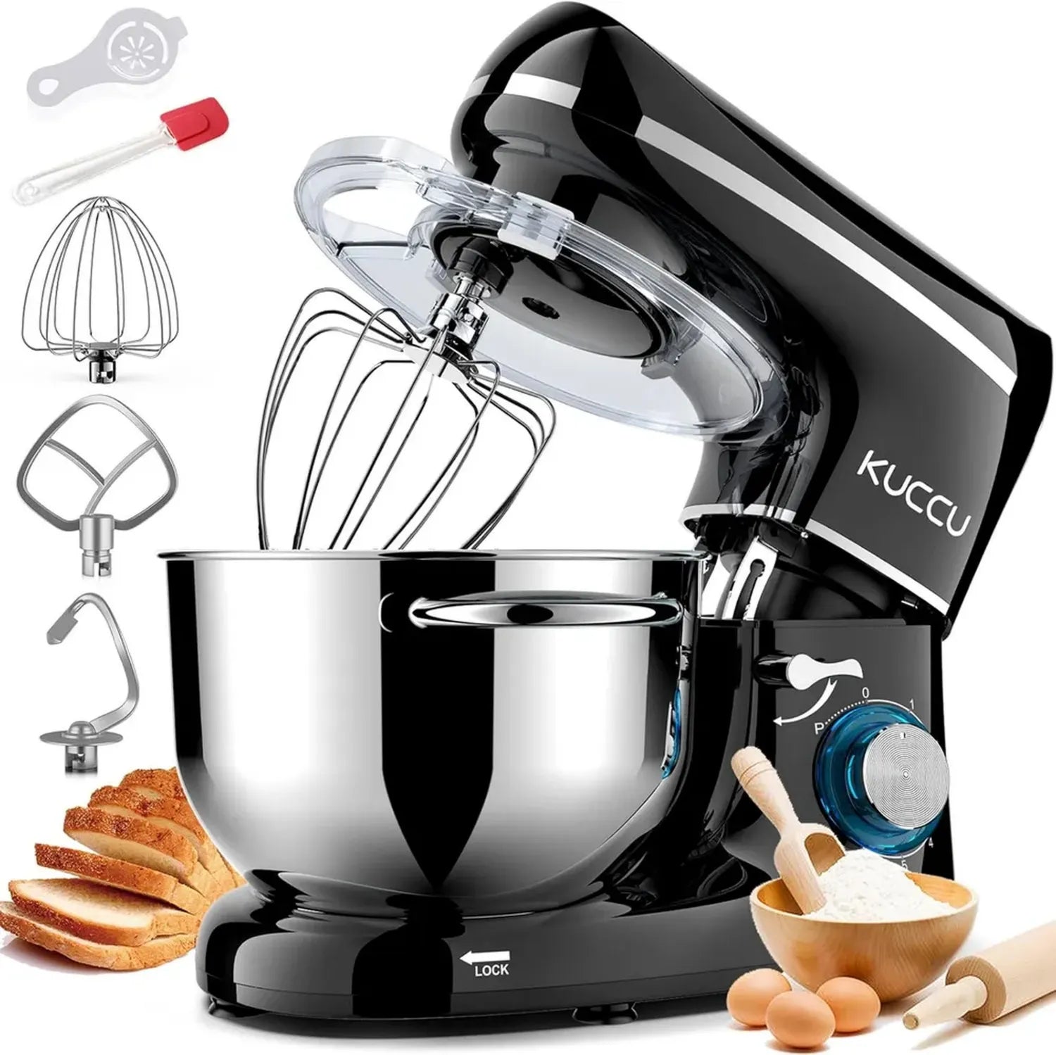 Impastatrice Planetaria KUCCU, 6,5 L, 660 W, 6 Velocità, Ciotola Inox, Accessori Inclusi, Nero