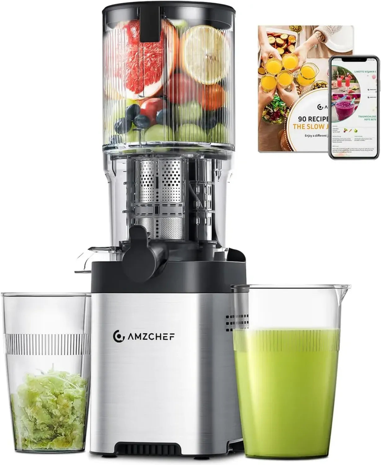 Spremitore AMZCHEF a Freddo per Frutta e Verdura, Scivolo di Alimentazione Extra Large 126 mm, Acciaio Inox, Facile Pulizia, Coclea Rinforzata e Doppio Filtro