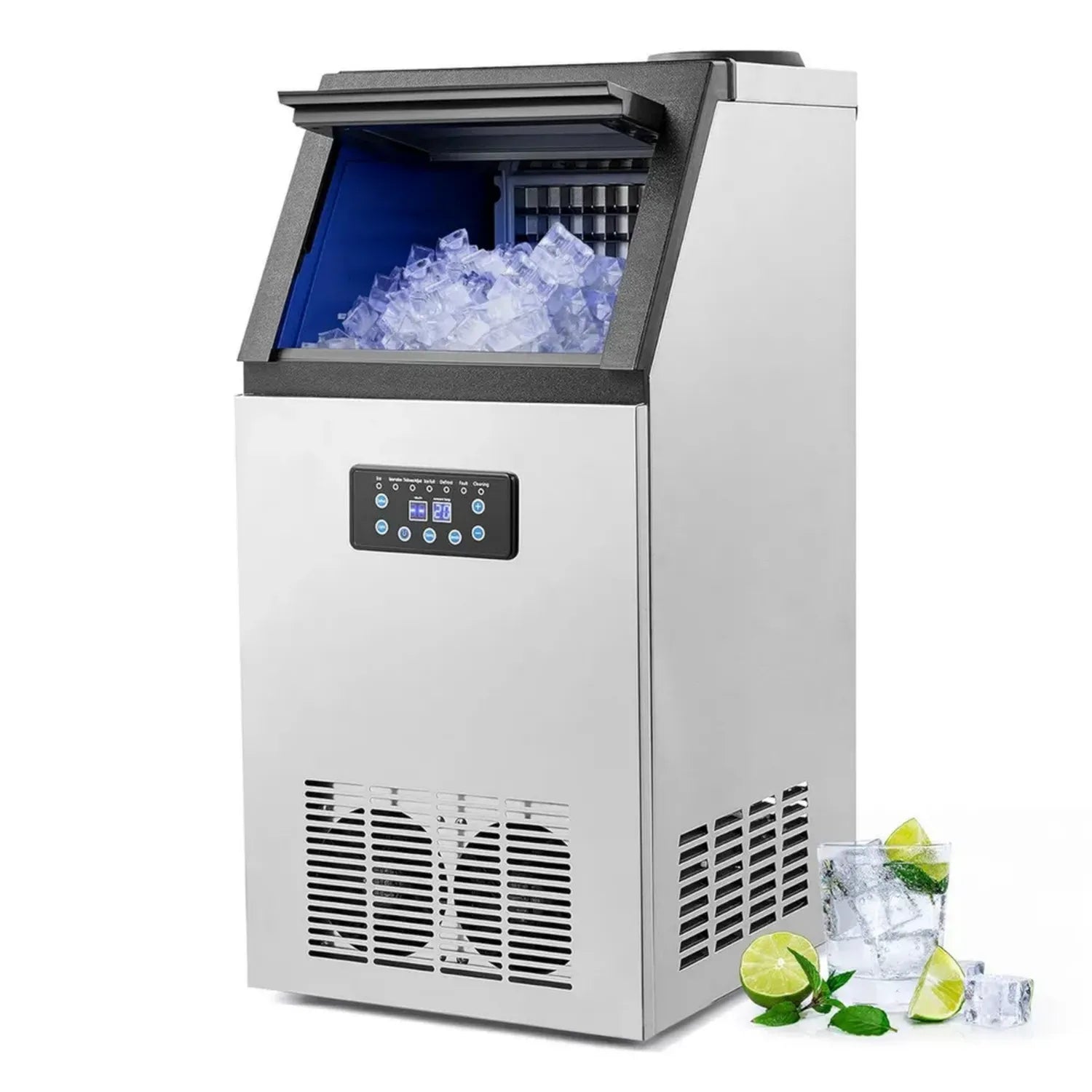 Macchina per Ghiaccio Professionale 59kg/24h con Schermo LCD, Acciaio Inossidabile, Autopulente, per Uso Domestico e Commerciale