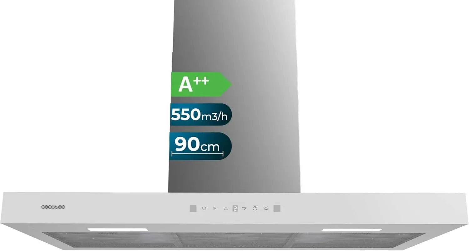 Cecotec Cappa Aspirante 90 cm Vetro Bianco A++ 70W, Efficienza Energetica, Touch Control, Aspirazione 550 m3/h, 3 Velocità, Illuminazione LED, Filtri Carboni
