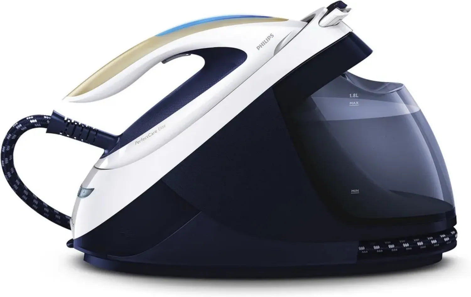 Ferro da Stiro a Vapore Philips PerfectCare Elite con Tecnologia OptimalTEMP, 2700W, Boost Vapore 520g, Pressione 7.5 Bar, Modalità ECO, Piastra T-ionic Glide, Colore Bianco/Blu