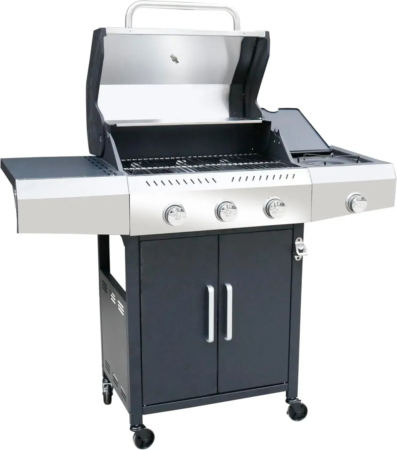 Barbecue a Gas Professionale XXL BRICOZONE con 4 Bruciatori e Fornello Laterale 16 Kw, Doppio Coperchio, Termometro, Ruote, Ripiani Laterali e Griglia in Acciaio Inox