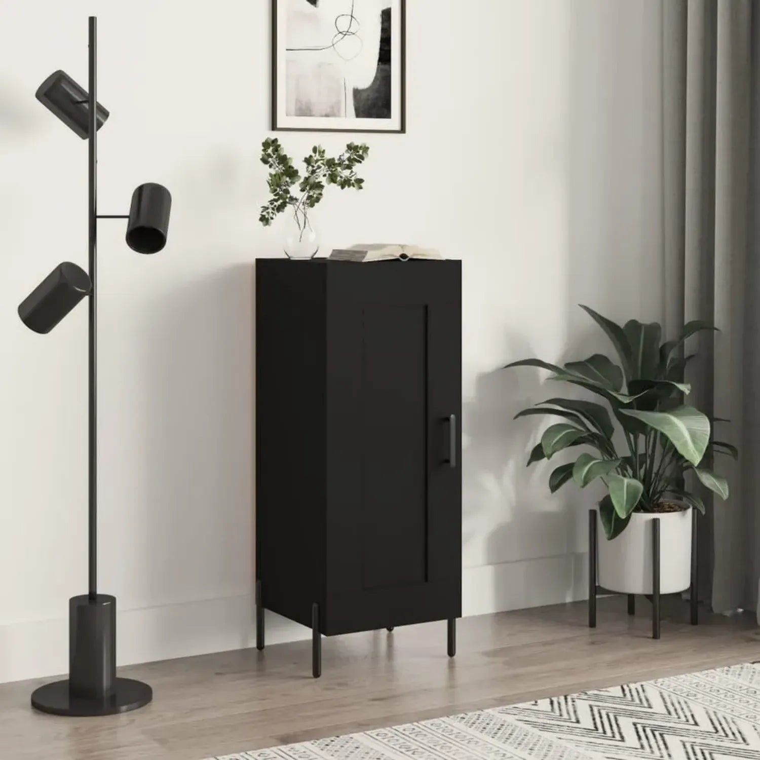 Credenza alta nera in legno 90 cm con gambe in metallo e 3 scomparti