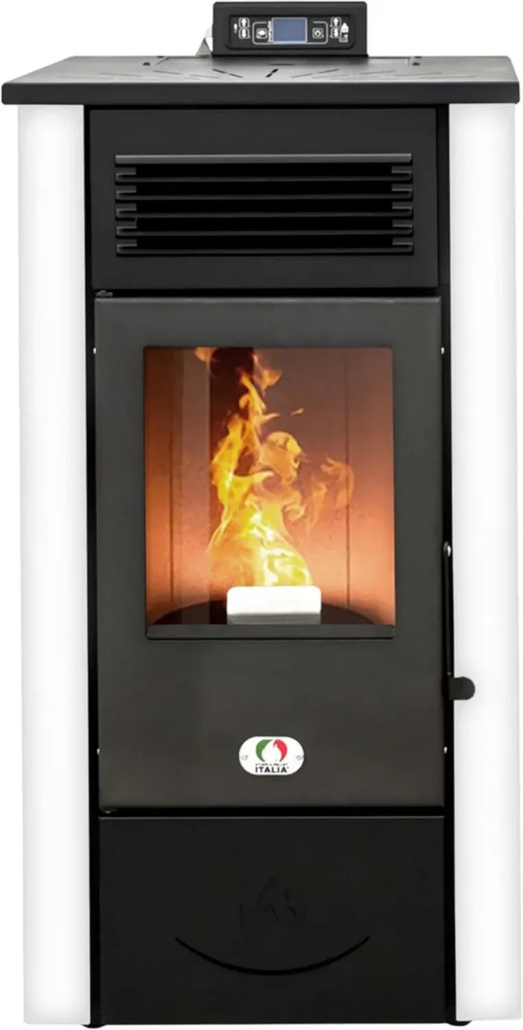 Stufa a Pellet Ventilata Canada 12 KW, 5 Stelle, Efficienza 91%, Bianco, Autonomia 15H, Area 120m², Programmabile con 5 Velocità, Garanzia 24 Mesi
