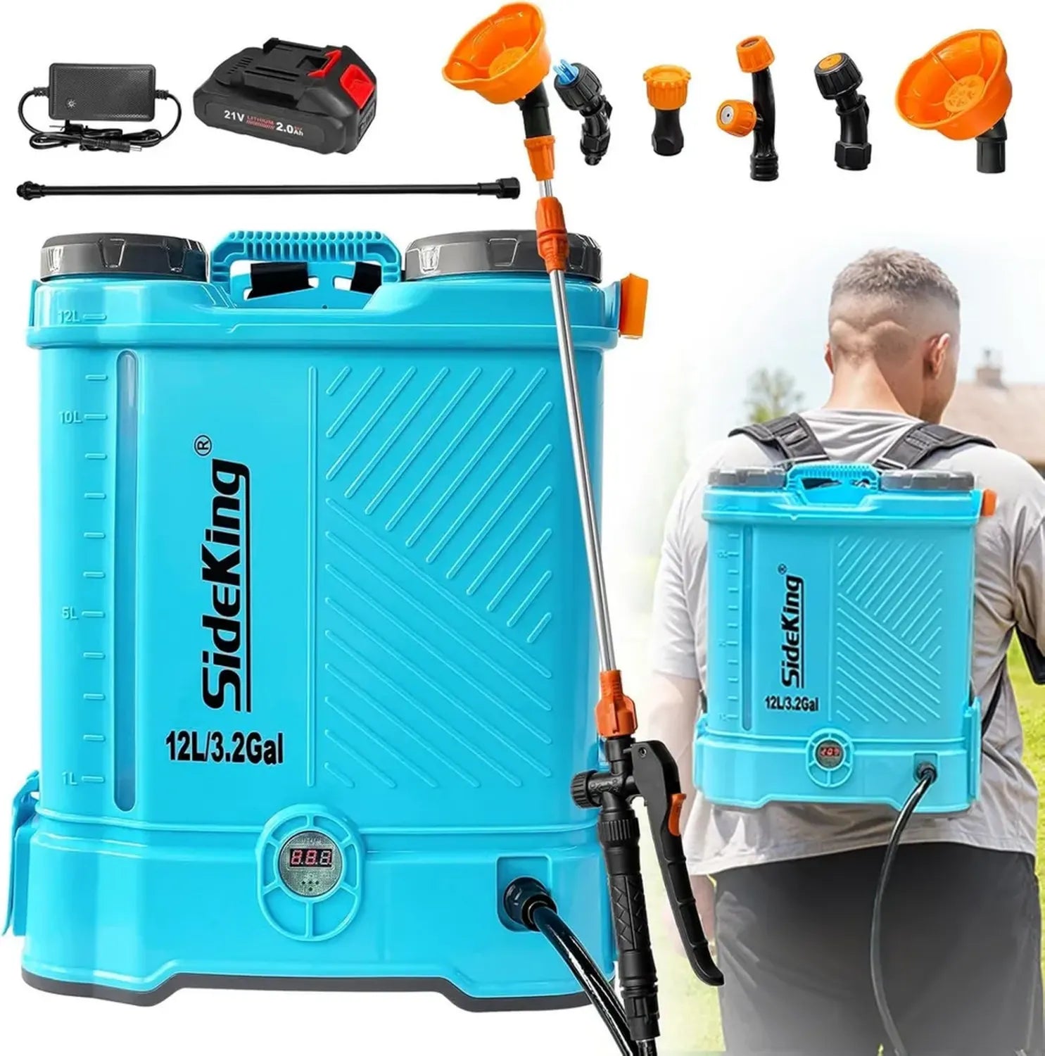 Pompa Irroratrice a Spalla 12L con Batteria Intercambiabile, Compatibile Makita 18V, Lancia Regolabile, 5 Ugelli, Pressione 5.5 Bar per Uso in Giardino e Orto