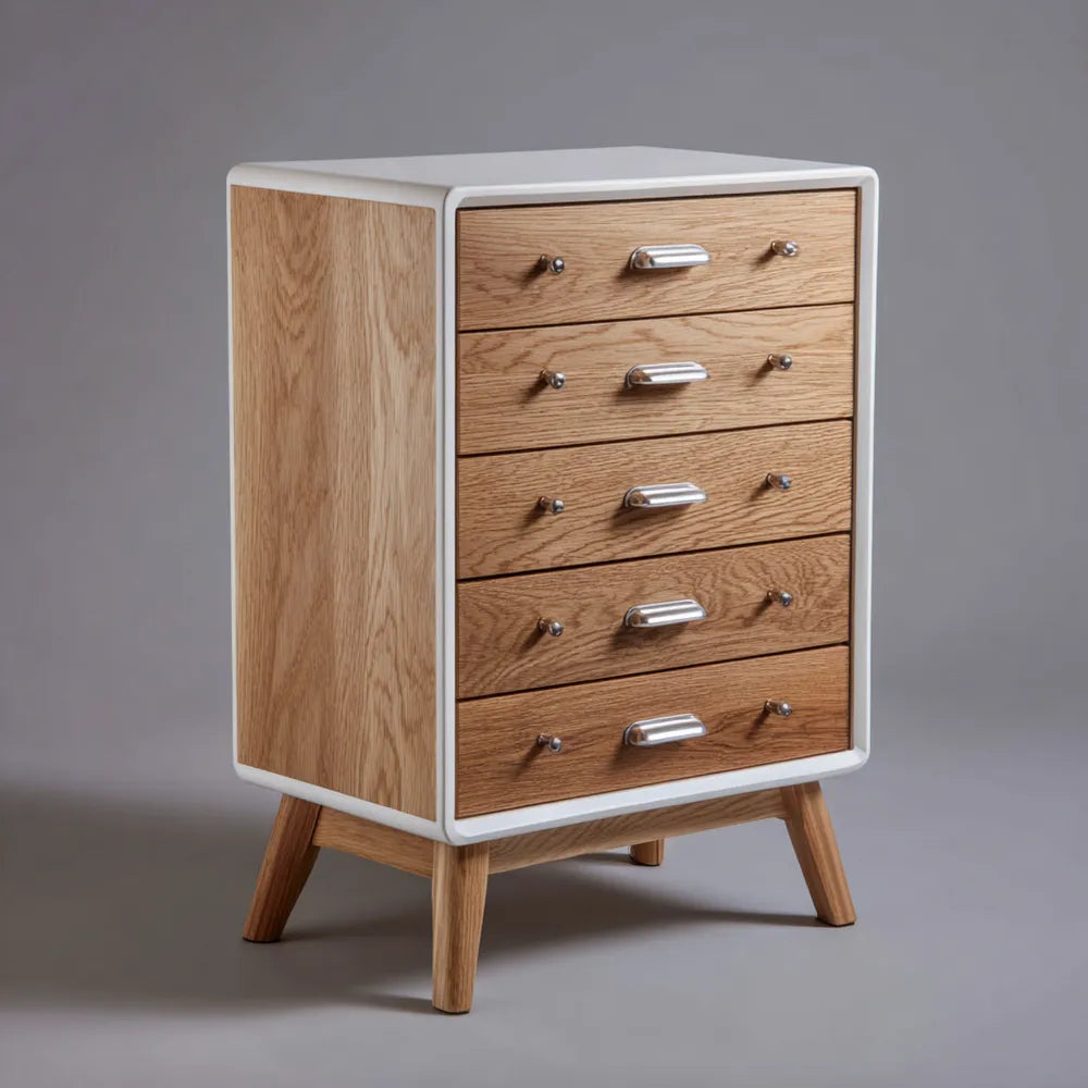 Chest of Drawers 80x60x40 cm Solid Wood 5-Drawer - Natural Oak/White - Modern Design