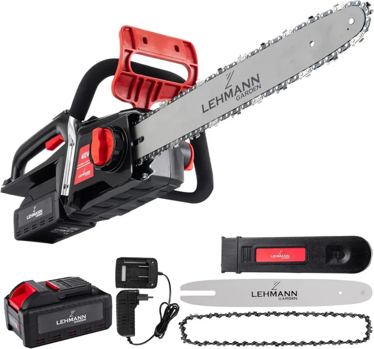 Motosega Potente 40V LEHMANN - Lama 40 cm - Catena Veloce 19 m/s - Sistema di Lubrificazione Automatico - Include Batteria e Caricatore - Motore Brushless - Design Ergonomico e Leggero