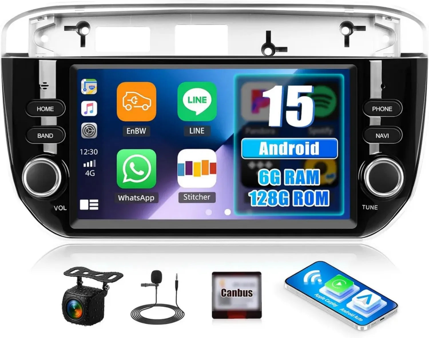 Autoradio Android 15 per Fiat Punto 2012-2015, 6G+128G, 8 Core, Carplay & Android Auto, Schermo 7 Pollici, GPS WiFi Bluetooth RDS FM, Telecamera e Mic