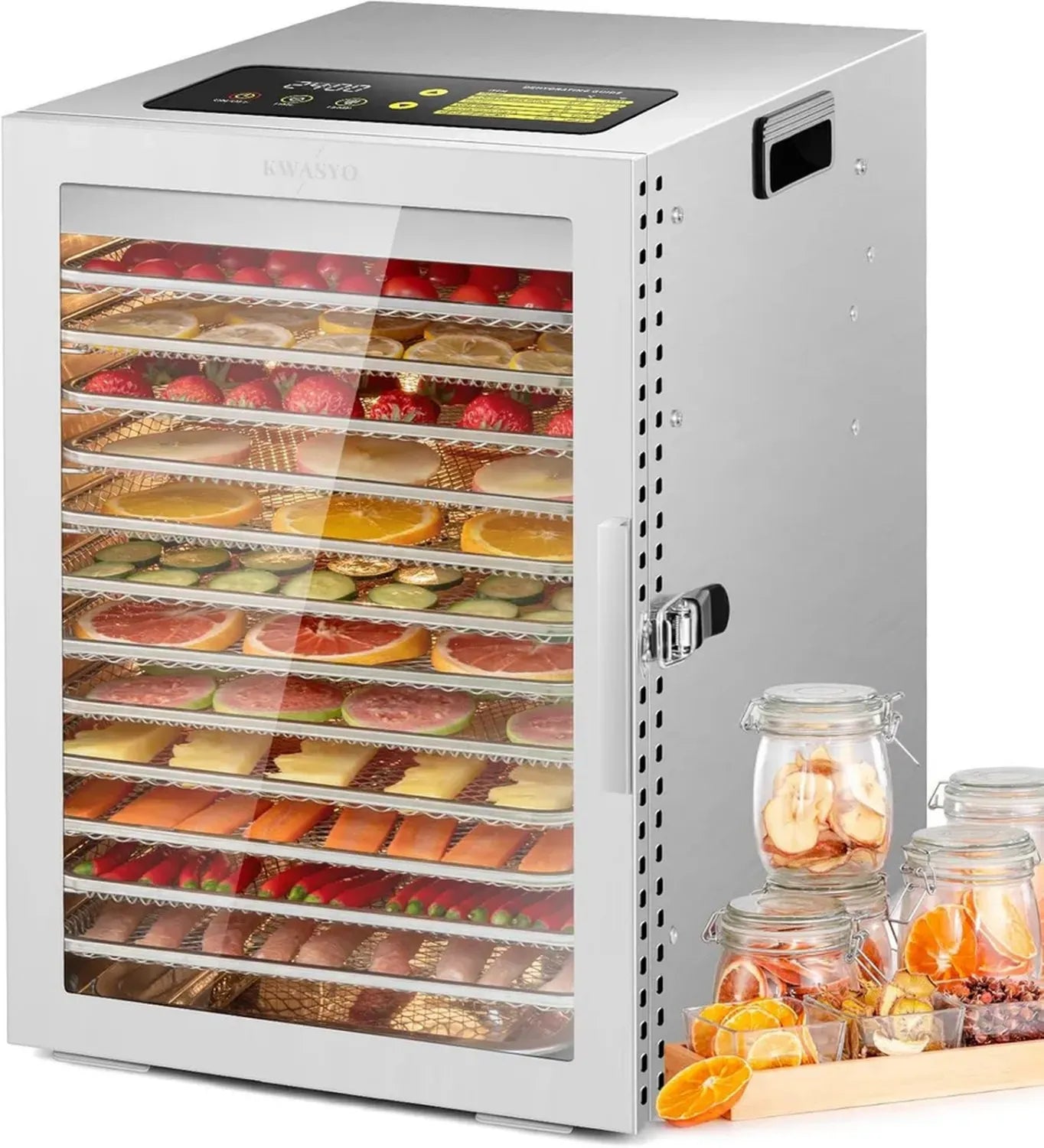 Essiccatore Kwasyo in Acciaio Inox con Ventilazione 360°, 12 Vassoi, Timer 24 Ore e Temperatura Regolabile