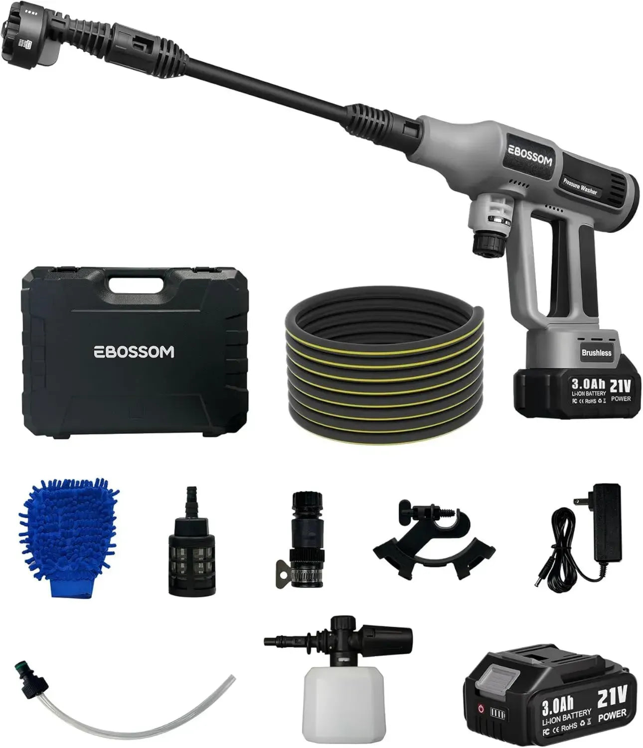 Idropulitrice Portatile 65Bar a Batteria, Pistola ad Alta Pressione con Ugello 6-in-1 per Auto, Giardino e Piante (2 Batterie 3Ah)