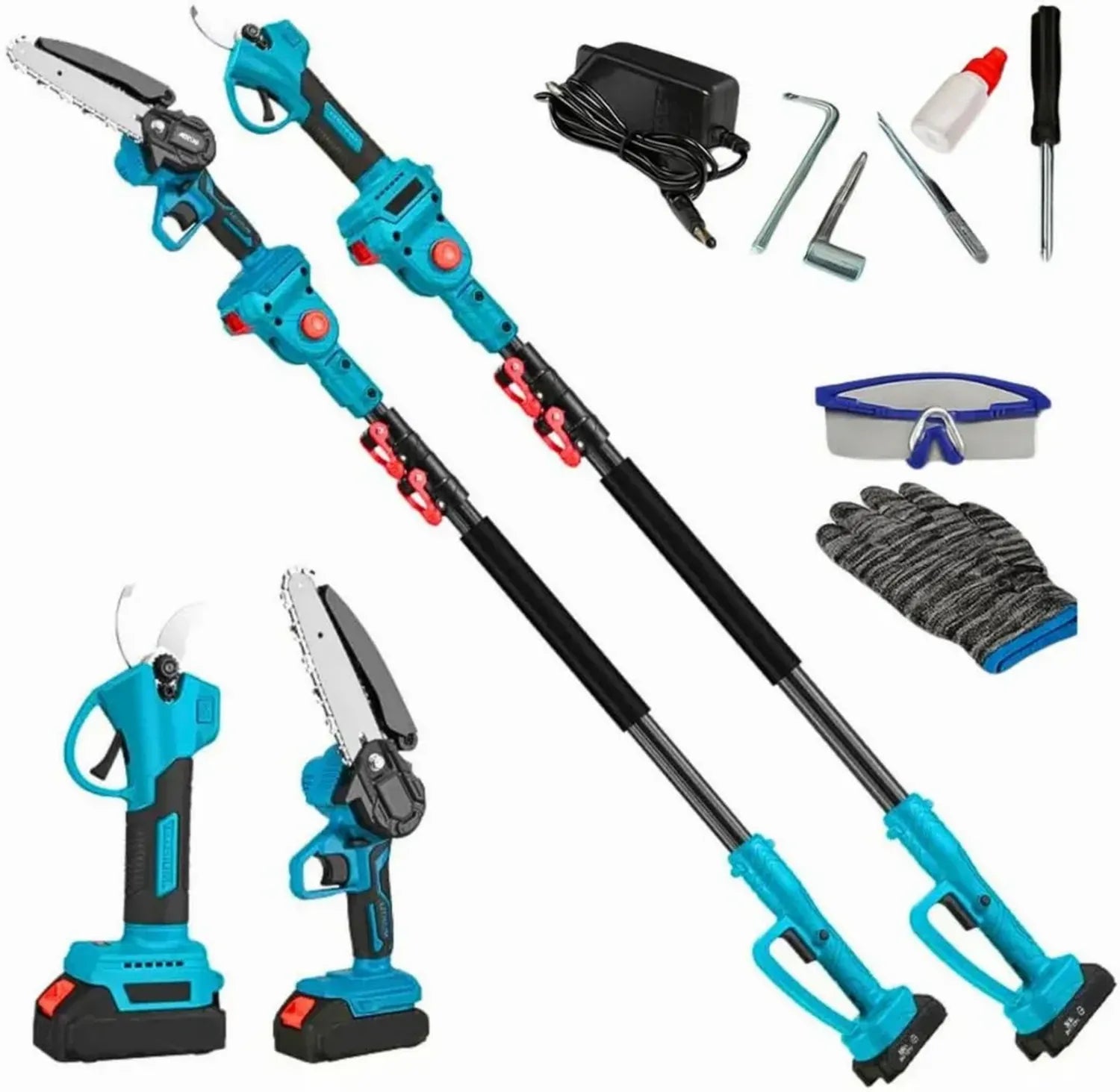 Set Potatura Elettrico 3 in 1 con Asta Telescopica 2,5M e Motosega 6 - Batteria Ricaricabile, Ideale per Giardino e Vigneti