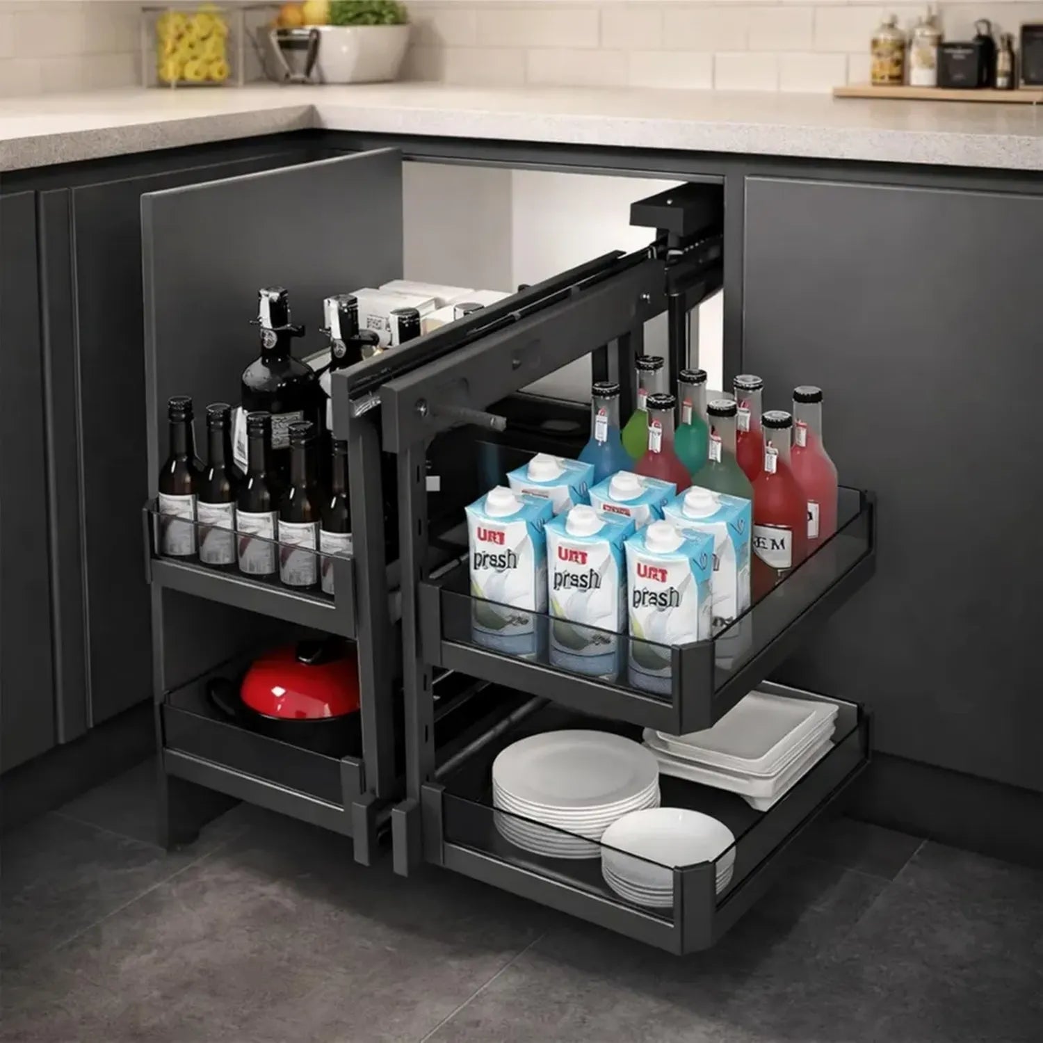 Cestelli Angolo Cucina Estraibili, Sistema Scorrevole Completo con 4 Cestelli per Casa e Bagno