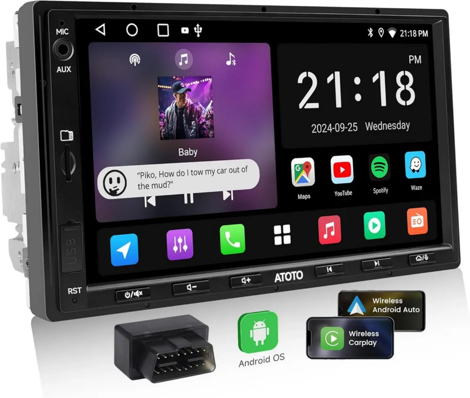 Autoradio Android 2 Din 7'' con CarPlay e Android Auto Wireless, Schermo Touch, WiFi/BT/USB, EQ DSP 24-Bande, OBD2, GPS, HDMI, 2+32GB, FM/RDS