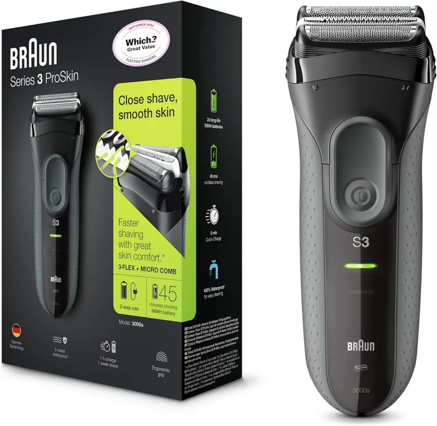 Rasoio Elettrico Uomo Braun Series 3 ProSkin 3000s, Ricaricabile, Senza Fili, Colore Nero